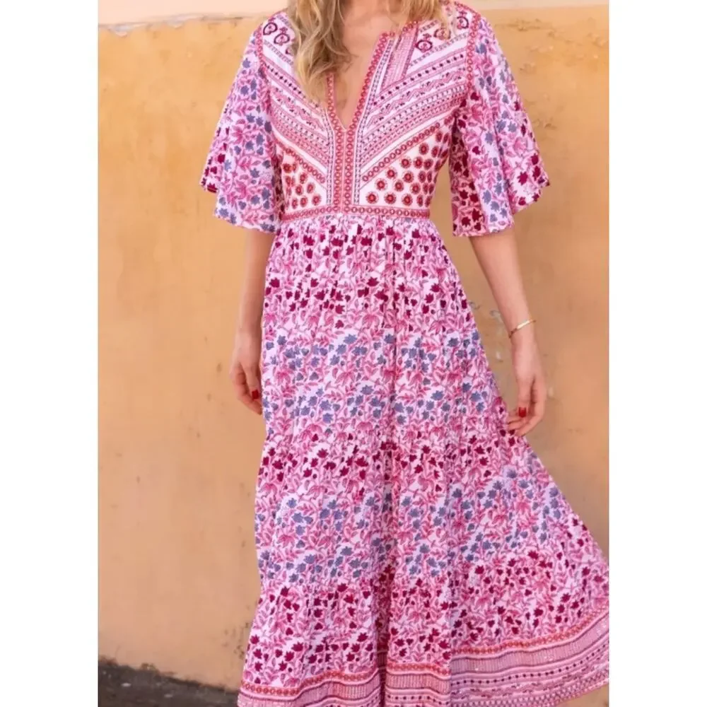 Oliphant Flirty V Neck Maxi Mendoza Coral Ladies Dress Size Medium - Picture 2 of 10